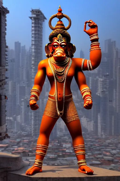 Image similar to high quality 3 d render cyborg hanuman! madhubani, highly detailed, cyberpunk!! mumbai in the background, unreal engine cinematic smooth, szukalski ravi varma, moody light, low angle, uhd 8 k, sharp focus