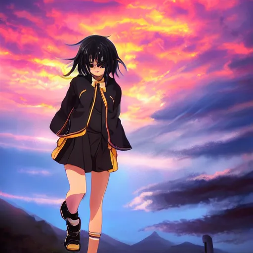 Image similar to black - haired anime girl, 1 7 - year - old anime girl with long bob cut, gothic jacket, golden hour, partly cloudy sky, red clouds, orange sky, strong lighting, strong shadows, vivid hues, ultra - realistic, sharp details, subsurface scattering, intricate details, art by artgerm, greg rutkowski, 2 0 1 9 anime screenshot