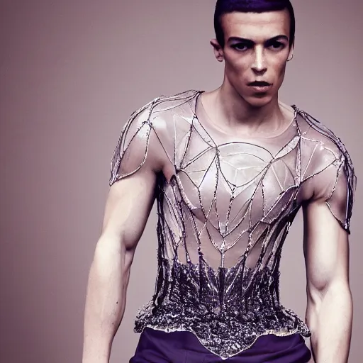 Image similar to a slim athletic beautiful latin male wearing a iris van herpen crop top, photographed by michelangelo for vogue magazine