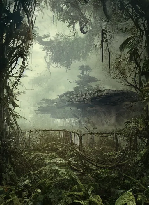 Prompt: decayed aircraft carrier USS Nimitz laying on the ground overgrown with vegetation and hanging vines, post apocalyptic, tropical forest, by Luis Royo, by Greg Rutkowski, dark, gritty, intricate, cover illustration, concept art, volumetric lighting, volumetric atmosphere, sharp focus, octane render, trending on artstation, 8k