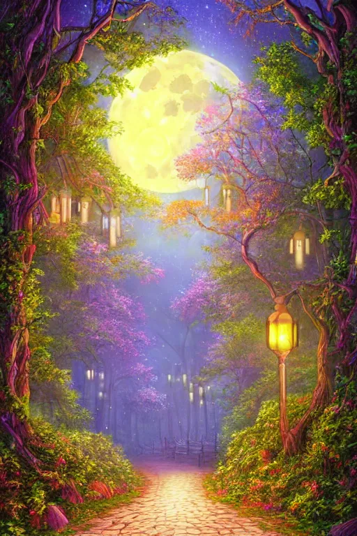 Image similar to a beautiful digital illustration painting of a detailed gothic fantasy fireflies forest trees and iron gate cobblestone pathway vines full moon by lisa frank, james gurney, 8 k resolution trending on artstation concept art digital illustration