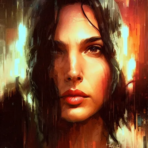 Image similar to gal gadot, hyperrealistic full figure, bladerunner street alley, art of elysium by frank frazetta and by jeremy mann and by alphonse mucha, fantasy art, photo realistic, dynamic lighting, artstation, full figure poster, volumetric lighting, very detailed face, 4 k, award winning