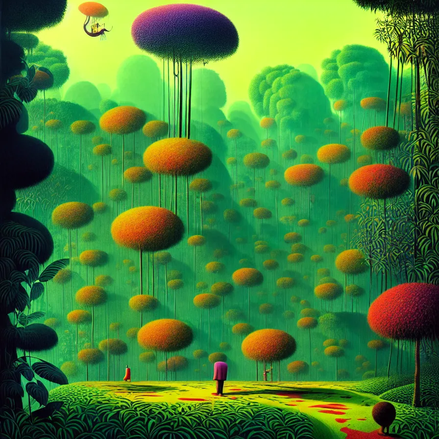 Image similar to surreal glimpse, malaysia jungle, summer morning, very coherent and colorful high contrast, art by gediminas pranckevicius, ross tran, floralpunk screen printing woodblock, dark shadows, hard lighting, stippling dots,