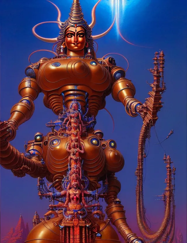 Prompt: a giant statue of shiva mecha, tim hildebrandt, wayne barlowe, bruce pennington, donato giancola, trending on artstation, cinematic composition, beautiful lighting, hyper detailed, 8 k, oil on canvas