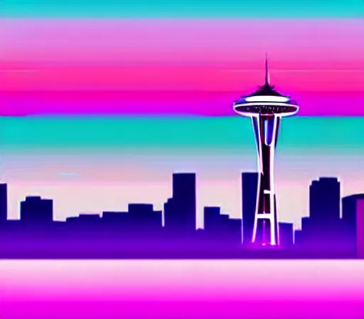 Image similar to a beautiful and immaculate balanced vaporwave ombre scene depicting outrun style seattle and the space needle