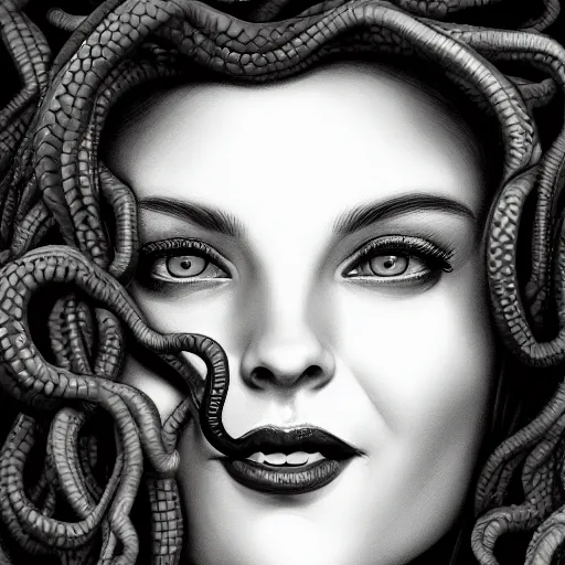 Prompt: medusa portrait painting, black and white,, wicked smile, artstation, detailed, blurred background