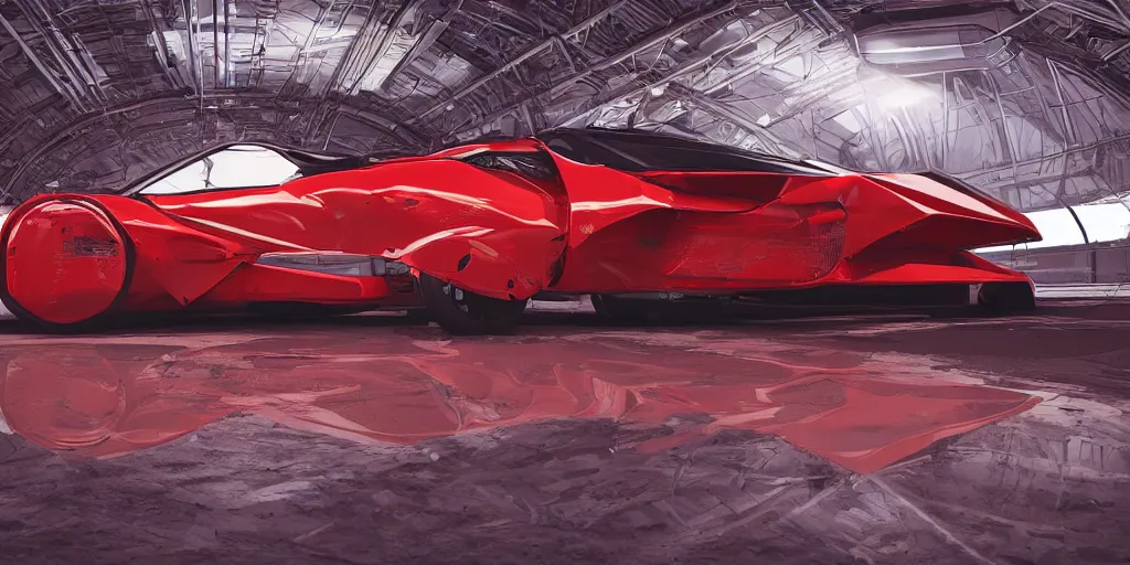 Image similar to kama russian electrocar, inside futuristic hangar, red car, sharp focus, ultra realistic, ultra high pixel detail, cinematic, intricate, cinematic light, concept art, illustration, art station, unreal engine 8 k