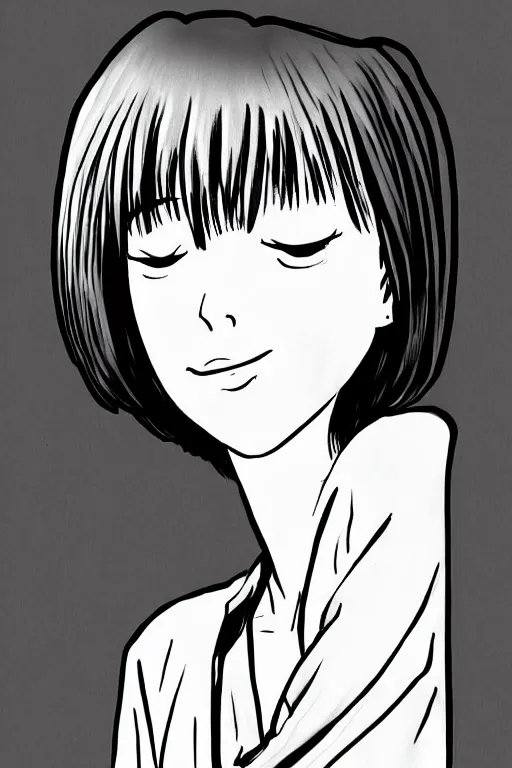 Image similar to portrait of a girl in long pants and a top, hands in pockets, eyes closed, bob haircut, digital art, black and white, lineart by junji ito and kaoru mori