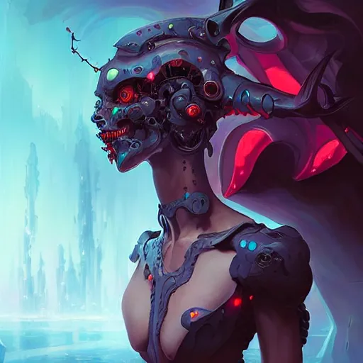 Prompt: a portrait of a beautiful cyborg demonic duchess of hell, cyberpunk concept art by pete mohrbacher and wlop and artgerm and josan gonzales, digital art