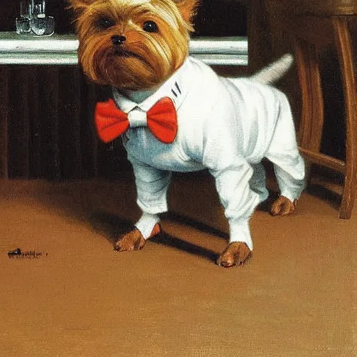 Image similar to a Yorkshire terrier at a bar wearing a bow tie, extremely detailed masterpiece, illustration, by Michael Sowa,