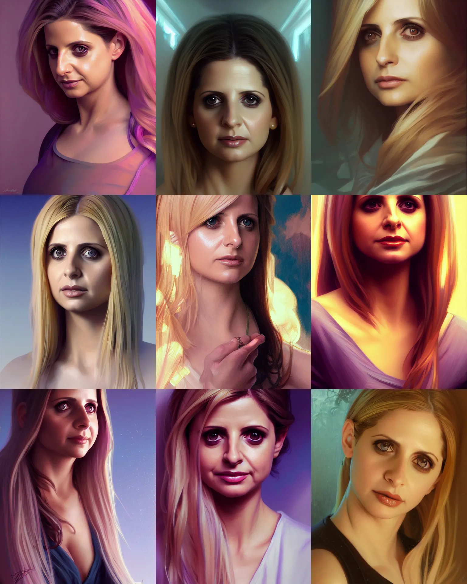 Prompt: detail portrait sarah michelle gellar in her late 2 0 s, vaporwave, bedroom, highly detailed, digital painting, artstation, concept art, smooth, sharp focus, illustration, art by artgerm and greg rutkowski and alphonse mucha