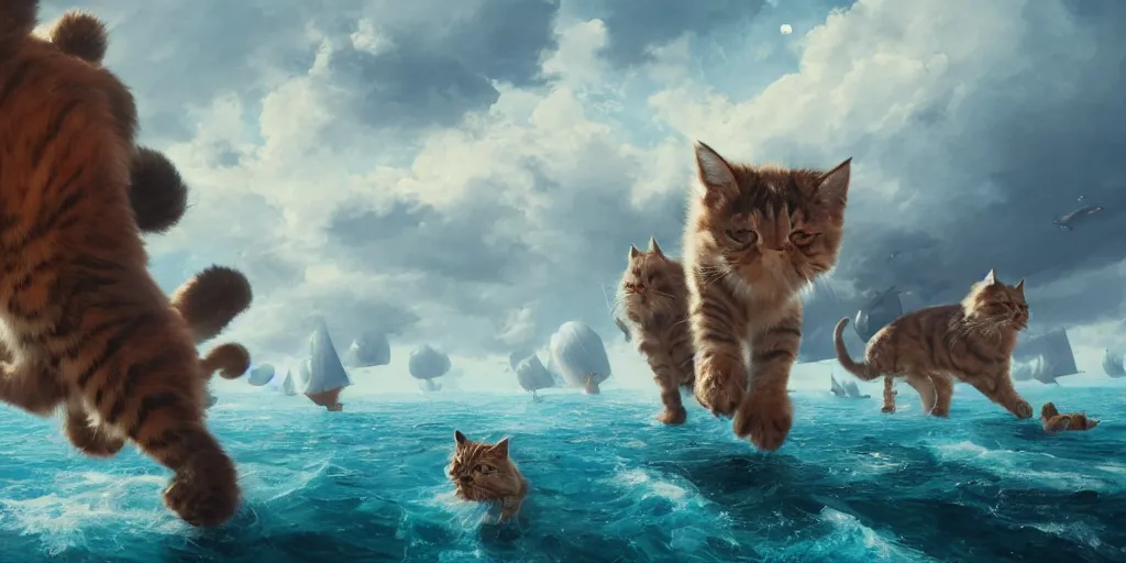 Prompt: Fleet of giant cats sailing over a blue ocean, Darek Zabrocki, Karlkka, Jayison Devadas, Phuoc Quan, trending on Artstation, 8K, ultra wide angle, pincushion lens effect.