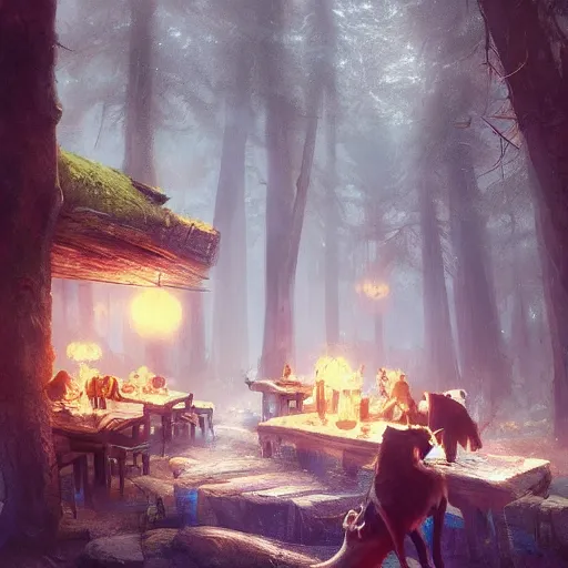 Prompt: A Tame Creature Restaurant in the Lost Woods ,Greg rutkowski, Trending artstation, cinematográfica, digital Art