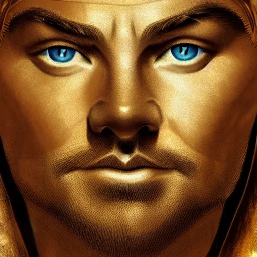 Image similar to concept art leonardo Dicaprio, digitial art, pharaoh, egypt, light, sun , cat, majestic, beautiful, symmetrical face, closeup face, golden ratio concept