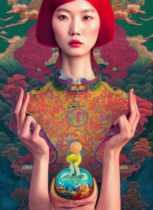 Image similar to pretty chinese model with hallucination mushroom : : by martine johanna and simon stalenhag and chie yoshii and casey weldon and wlop : : ornate, dynamic, particulate, rich colors, intricate, elegant, highly detailed, centered, vogue, harper's bazaar art, fashion magazine, smooth, sharp focus, octane render, 8 k