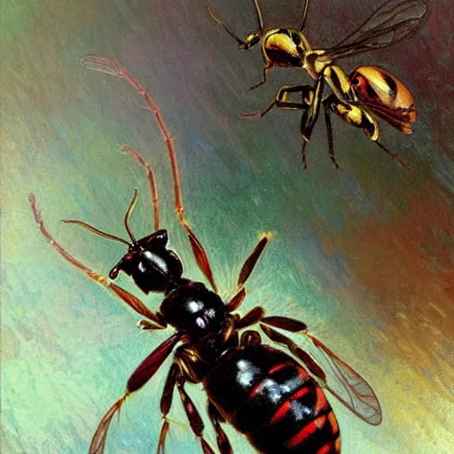 Image similar to a wasp, but it's an ant by Stanley Artgerm Lau, greg rutkowski, thomas kindkade, alphonse mucha, loish, norman Rockwel