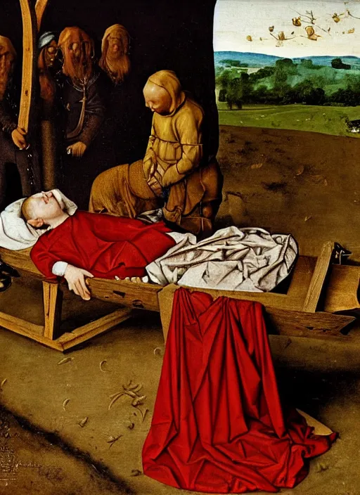 Image similar to Unconscious 10 years old boy dressed in some rags curled up into a ball, he clung to the side of the wagon, medieval painting by Jan van Eyck, Florence