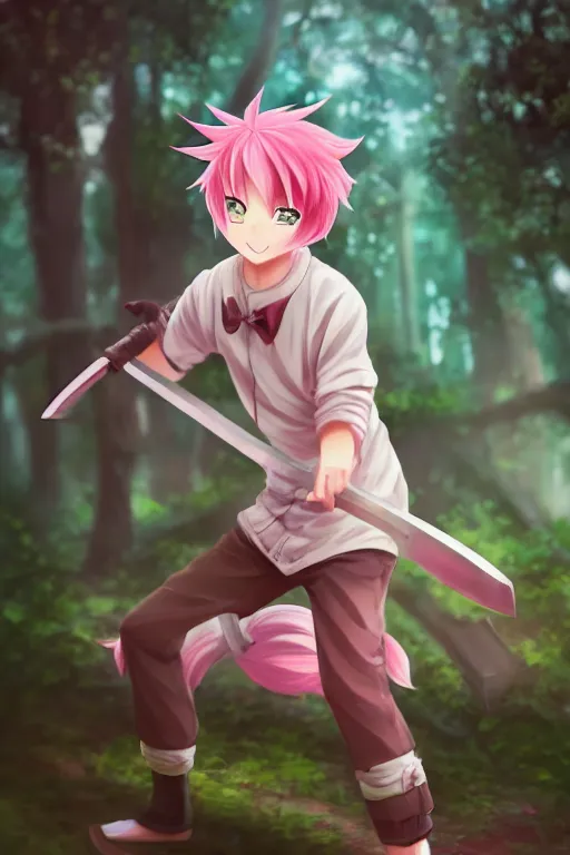 Prompt: a beautiful fullbody portrait of a cute male anime boy with pink hair, wearing a cool outfit, barefoot, wielding a sword in battle position, in a forest, at night. ambient occlusion, volumetric light, detailed, realistic, fantasy character, rendered in octane