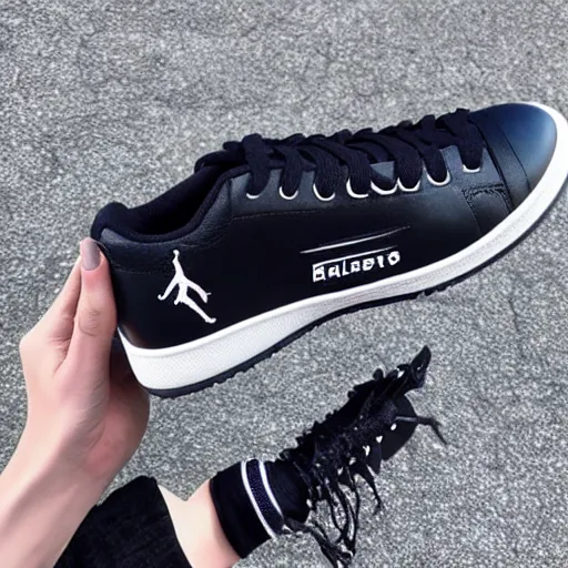 Image similar to close up photo sneakers with alien bastkeball player jordan logo, high quality product photo