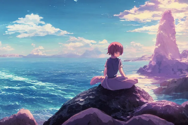 Image similar to a vast scene, panorama distant view, anime art full body portrait character concept art, hyper detailed scene render of the girl sat on the back of the whale, anime key visual of children of the sea, finely detailed perfect face, on the sea, makoto shinkai, violet evergarden, studio ghibli, james jean, hayao miyazaki, extremely high quality artwork