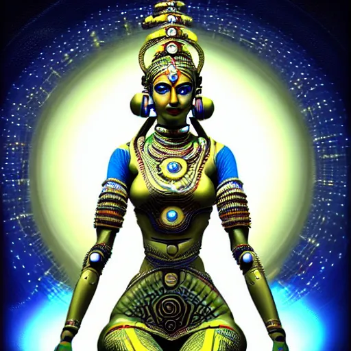 Image similar to Futuristic laxmi Indian Goddess in a robot spacesuit, sci-fi, fantasy, intricate, beautiful, elegant, attractive, indian goddess of wealth, highly detailed, digital painting, artstation, masterpiece, concept art, Four Hands, sitting on a Lotus, smooth, sharp focus, unreal engine 5, WLOP, Octane render, Symmetric, art by artgerm, hajime sorayama, William-Adolphe Bouguereau