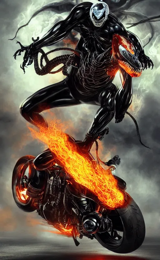 Image similar to venom as ghost rider on a motorcycle, dynamic lighting, photorealistic fantasy concept art, trending on art station, stunning visuals, terrifying, creative, cinematic