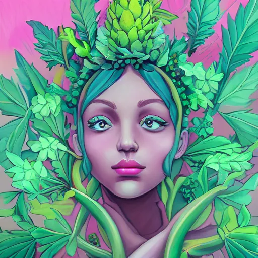 Image similar to goddess of plant medicine, and art by lois van baarle highly detailed painting trending on arstation vivid colors cannabis _ c 5. 0