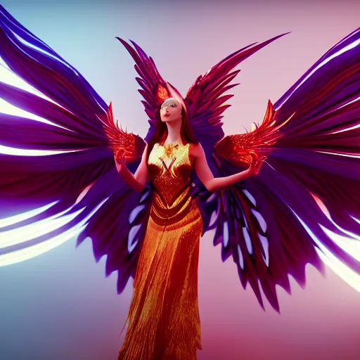 Image similar to a beautiful orchid phoenix angel woman, in an ornamented dress with large wings, photorealism, octane, unreal engine, volumetric light, god rays, 8 k high resolution, rubies