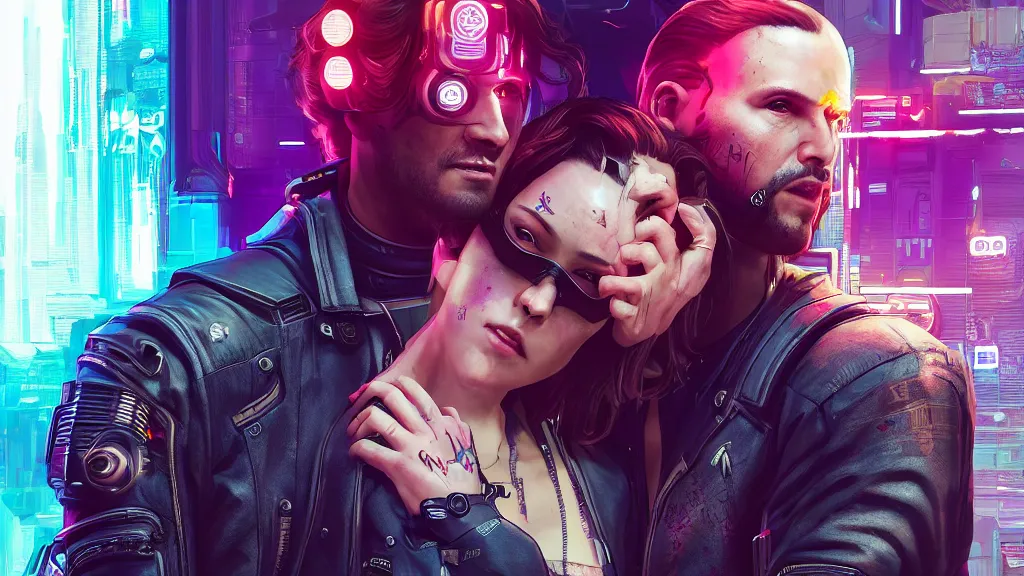 Image similar to a cyberpunk 2077 srcreenshot couple portrait of jhony silverhand & female android in kiss,love story,film lighting,by Laurie Greasley,Lawrence Alma-Tadema,Dan Mumford,John Wick,Speed,Replicas,artstation,deviantart,FAN ART,full of color,Digital painting,face enhance,highly detailed,8K,octane,golden ratio,cinematic lighting