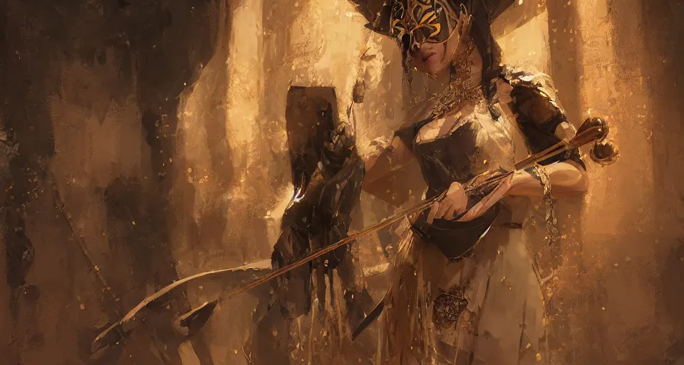 Image similar to craig mullins and ghibli digital art of masked female violinist, exotic costumes, gold jewelry, black hair, theater, large audience, solo on stage unreal engine, hyper realism, realistic shading, cinematic composition, realistic render, octane render, detailed textures, photorealistic, wide shot