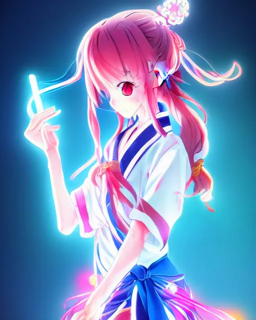 Image similar to anime style, vivid, expressive, full body, 4 k, painting, a cute magical girl idol with a long wavy hair wearing a kimono outfit, correct proportions, stunning, realistic light and shadow effects, neon lights, studio ghibly makoto shinkai yuji yamaguchi