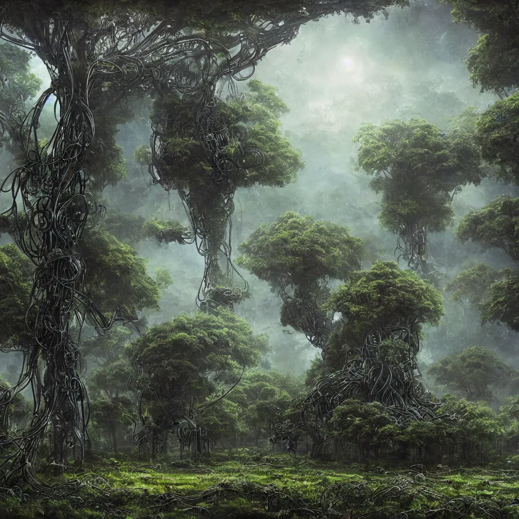 Prompt: the remnants of a broken alien supercomputer covered in wires and foliage in a mystical grove, sentry robots hovering in the air, somber melancholic matte painting, highly detailed oil painting, liminal space, 8k, stillness, solitude, sorrowful nostalgic awe-inspiring atmosphere, masterpiece