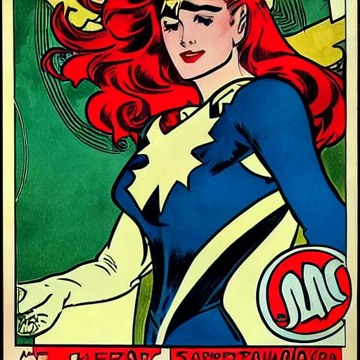 Image similar to a woman with red hair. she is a superhero, wearing a superhero costume. well composed, clean elegant painting, beautiful detailed face. retro comic book art by steve ditko and jack kirby and ( alphonse mucha )