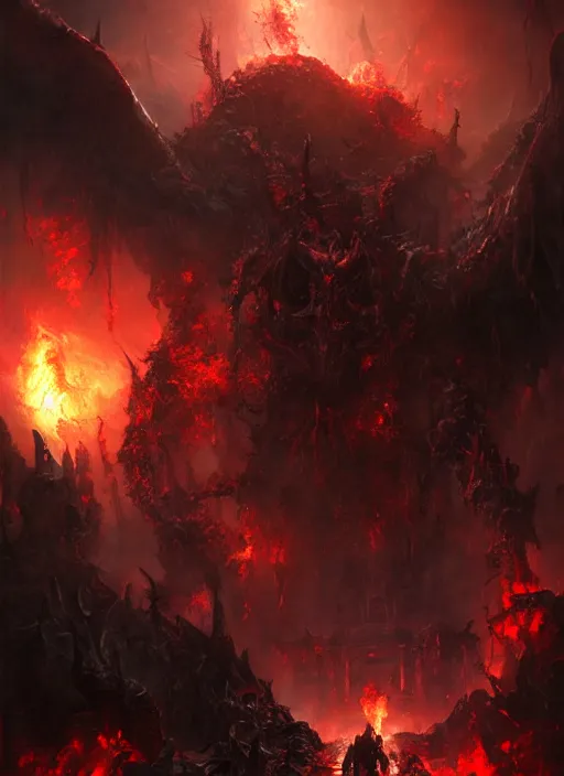 Image similar to Death lurks at the gates of hell, epic scene, painting by Raymond Swanland masterpiece. rendered in blender, ultra realistic, smooth shading, ultra detailed, high resolution, cinematic