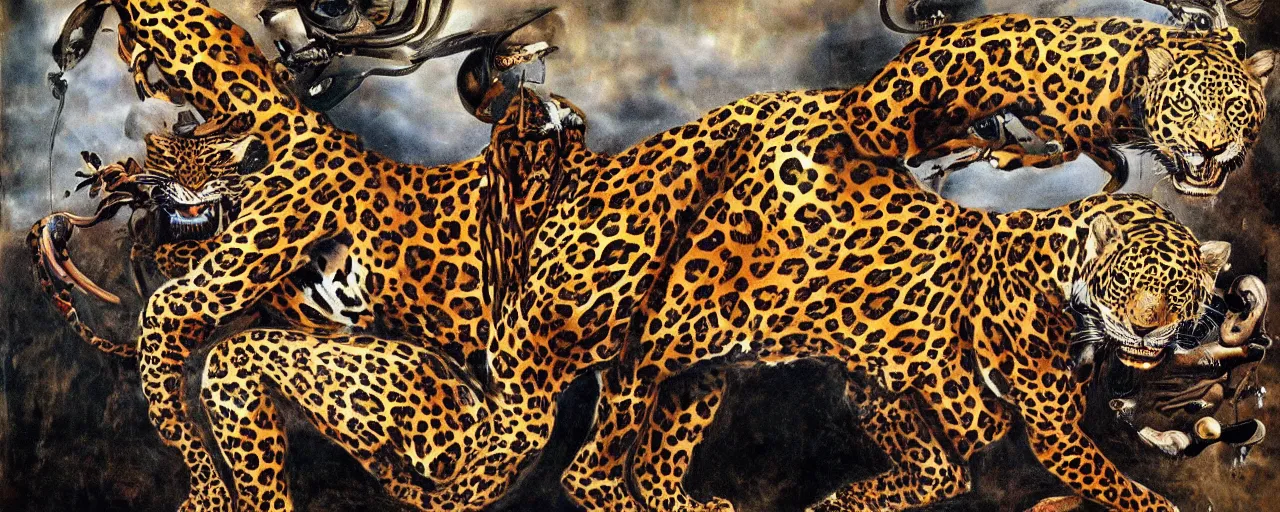 Image similar to an intricated and detailed painting of a shaman turning into a jaguar by salvador dali 4 k render