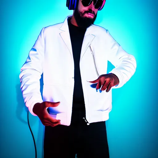 Prompt: the goat dj in a white jacket, retrowave, neon light,