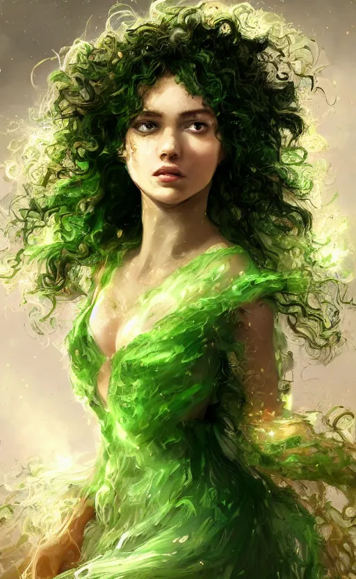 Image similar to a young woman with wild, curly hair and bright green eyes. she's wearing a flowing dress made of light, airy fabric and she has a mischievous look on her face, dynamic lighting, photorealistic fantasy concept art, trending on art station, stunning visuals, creative, cinematic, ultra detailed