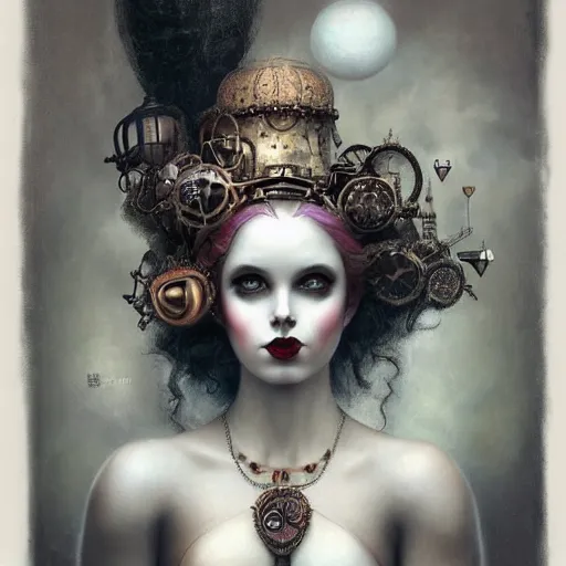 Image similar to By Tom Bagshaw, ultra realist soft painting of a curiosities carnival by night, very beautiful female steampunk Clown in full gothic dress, symmetry accurate features, very intricate details, omnious sky, black and white, volumetric light clouds