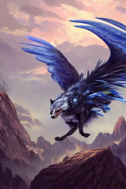 Image similar to blue feathered wolf with wings on a beautiful fantasy landscape, facing front, hills, mountains, moonlit, hd, illustration, epic, d & d, fantasy, intricate, elegant, highly detailed, digital painting, artstation, concept art, smooth, sharp focus, illustration, wallpaper, art by artgerm and greg rutkowski and alphonse mucha and jin xiaodi