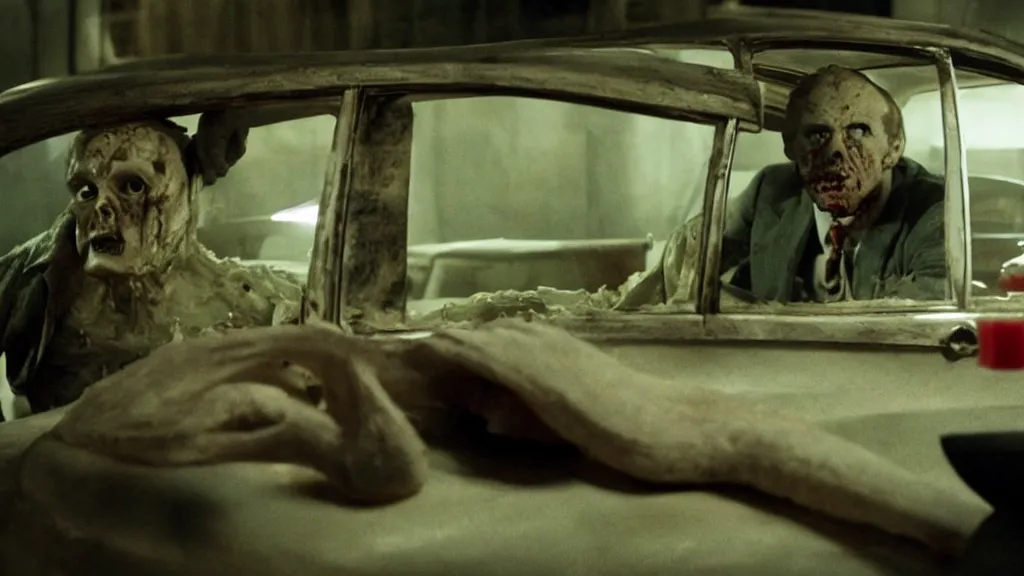 Image similar to the creature sells a used car, made of wax and blood, film still from the movie directed by Denis Villeneuve with art direction by Dalí, wide lens