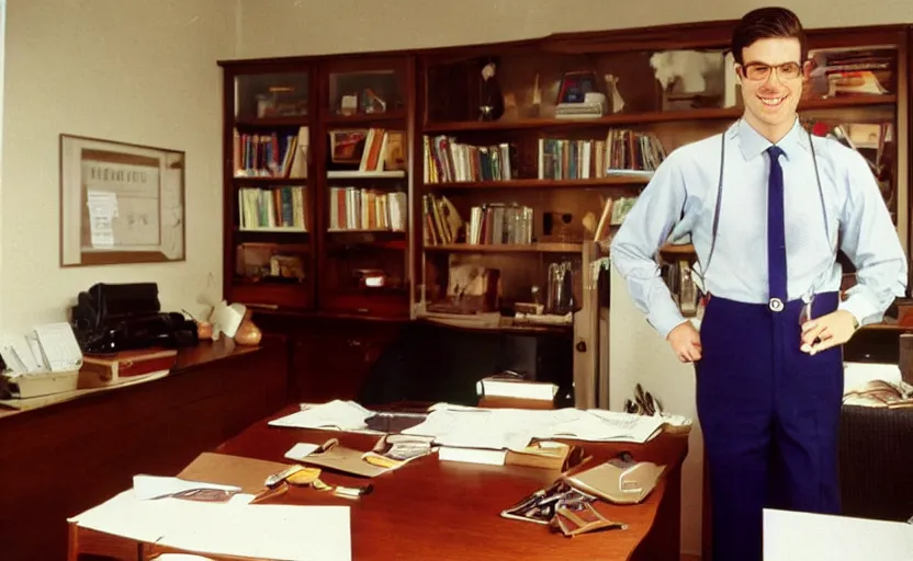 Image similar to color photo of a handsome wall street banker wearing suspenders in his office. 8 0's style