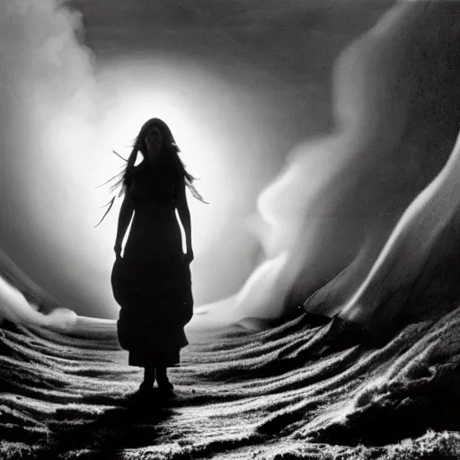 Image similar to 1 9 7 0's artistic spaghetti western movie, a woman in a giant billowy wide flowing waving dress made out of white smoke, standing inside a dark western rocky scenic landscape, volumetric lighting, backlit, moody, atmospheric