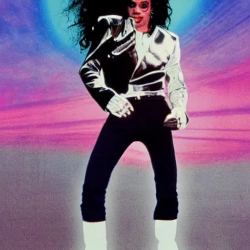 Image similar to 1982 Michael Jackson with moustache and short hair in a synthwave mountain