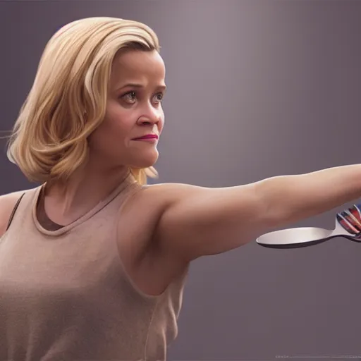 Prompt: hyperrealistic film still of reese witherspoon, holding a metal spoon, stunning 3 d render, inspired by istvan sandorfi & greg rutkowski & unreal engine, perfect symmetry, dim volumetric cinematic lighting, 8 k octane comprehensive render, extremely hyper - detailed, incredibly lifelike attributes, intricate, real flesh texture, masterpiece, artstation, stunning,