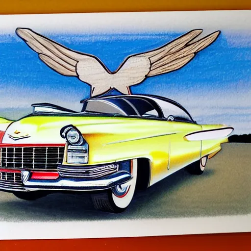 Image similar to a color pencil product design drawing of a 5 0 s flying cadillac car model with wings