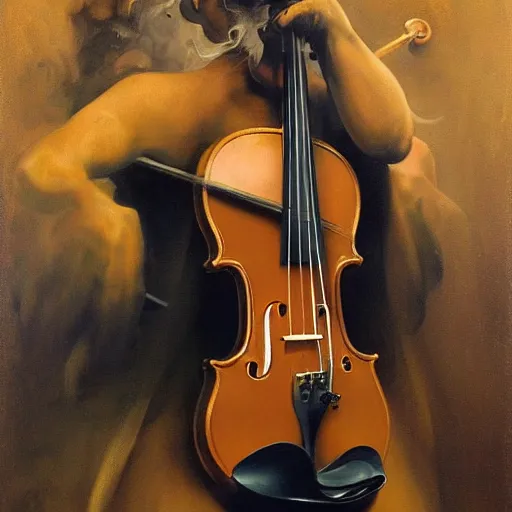 Image similar to bold simple baroque oil painting of violin interior, by peter mohrbacher, by frank frazetta, by alan lee, john howe, da vinci, large depth of field, super detailed, digital art, trending on artstation, ornate