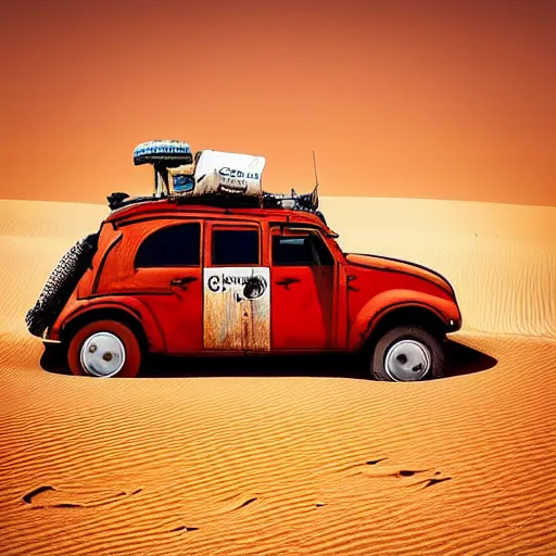 Prompt: a ladybug car driving through the sahara desert, bold natural colors, national geographic photography, masterpiece, full shot