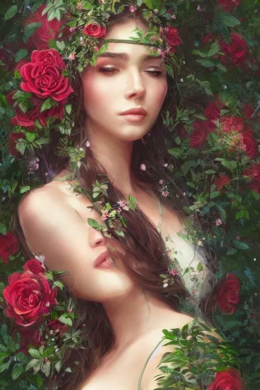 Image similar to beautiful woman in the middle of a lush garden with roses in her hair and an intricate gown, highly detailed, artstation, art by artgerm and greg rutkowski,