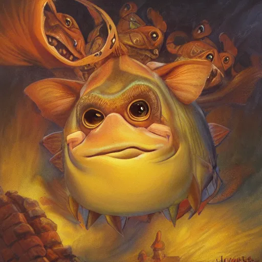 Image similar to fish - pig creature, oil painting by justin gerard