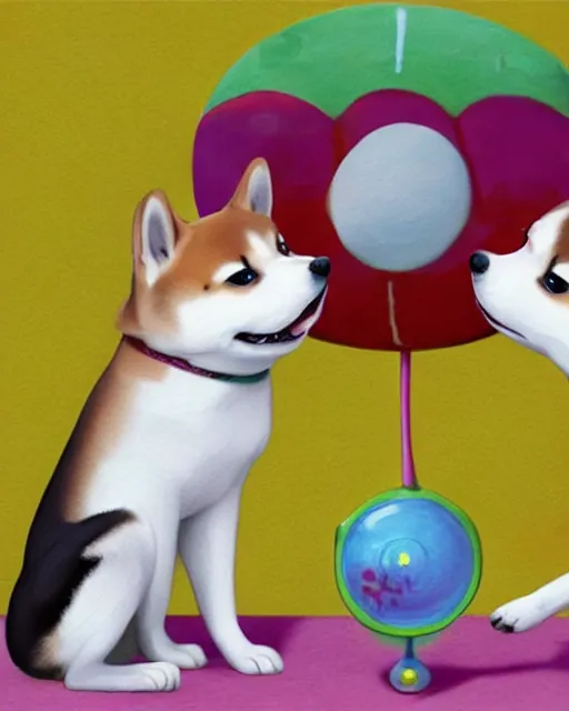 Image similar to shiba inu bites frisbee ， painting photoshop by mark ryden and pixar and hayao miyazaki, 8 k